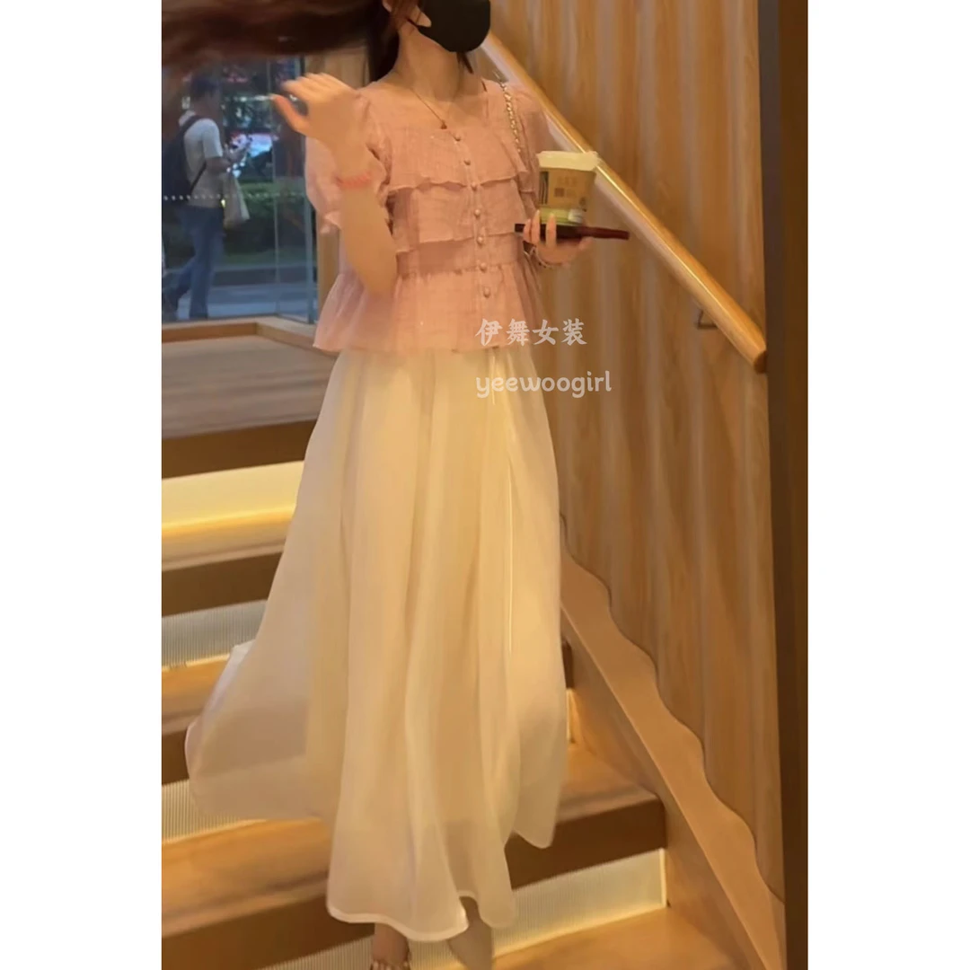 【伊舞】2025新款短袖衬衫上衣甜美荷叶边小衫衬衣百搭小众春夏仙气