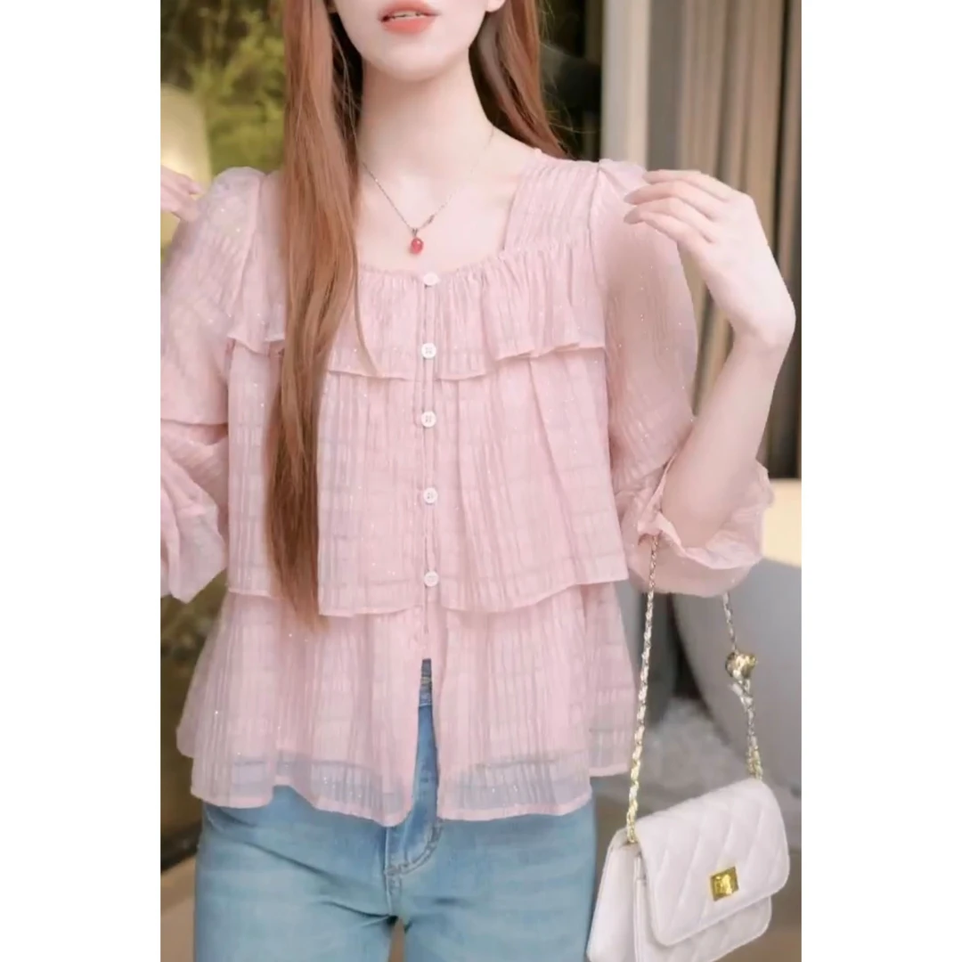 【伊舞】[现货]上衣洋气甜美设计感荷叶边时尚小众气质长袖开衫