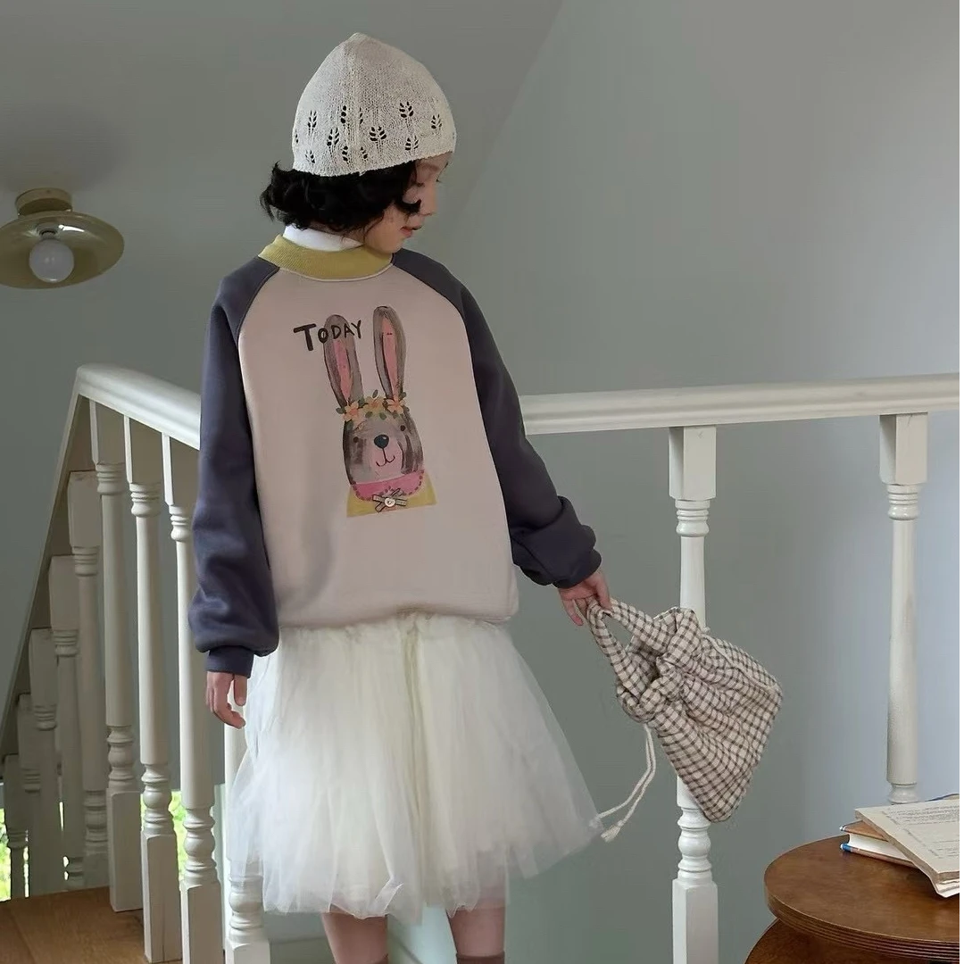 【苏舒童装】秋冬新款女童卡通印花撞色加绒套头一体绒卫衣11196