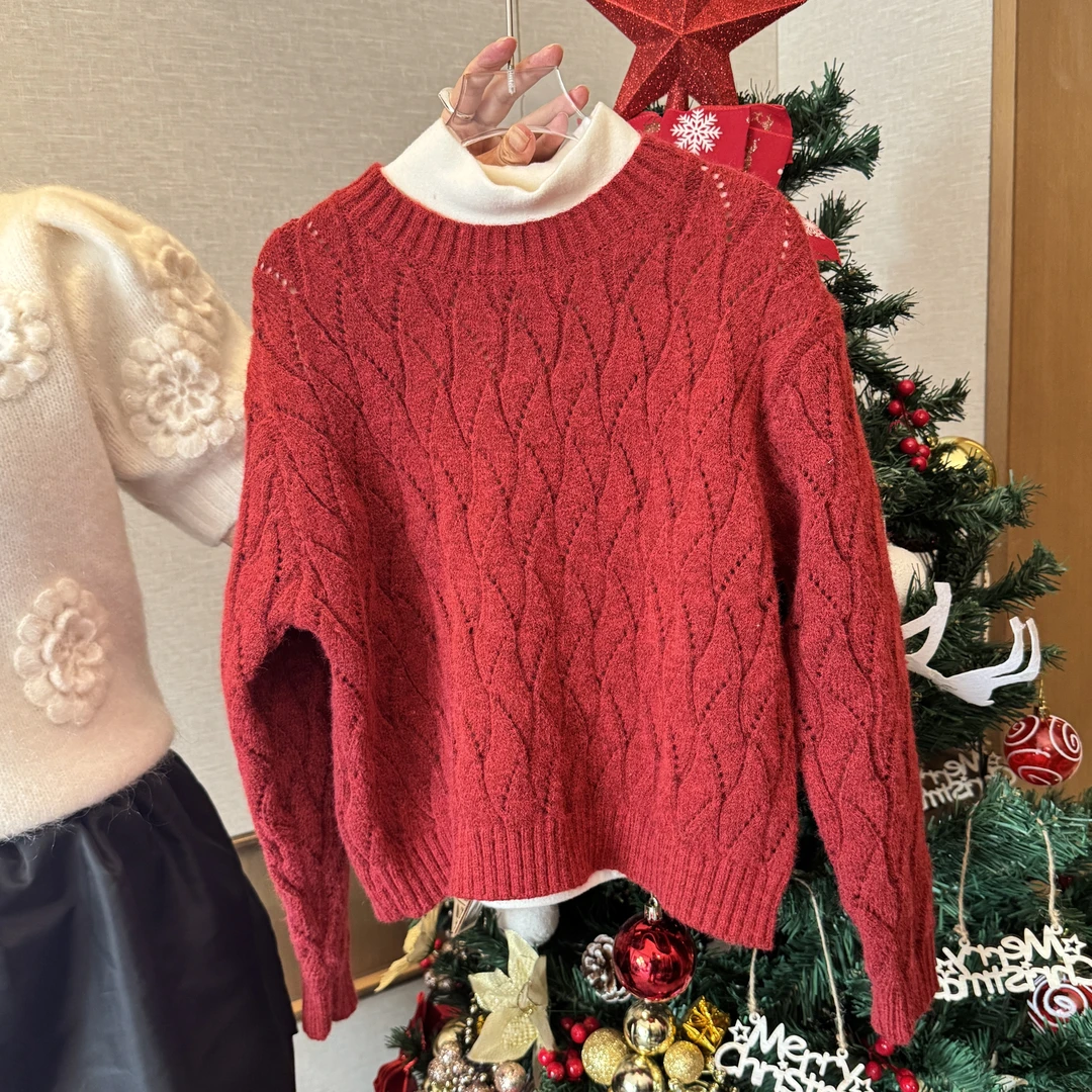 【苏舒童装】2024冬季新品女童针织圣诞红圆领套头加厚毛衣11243