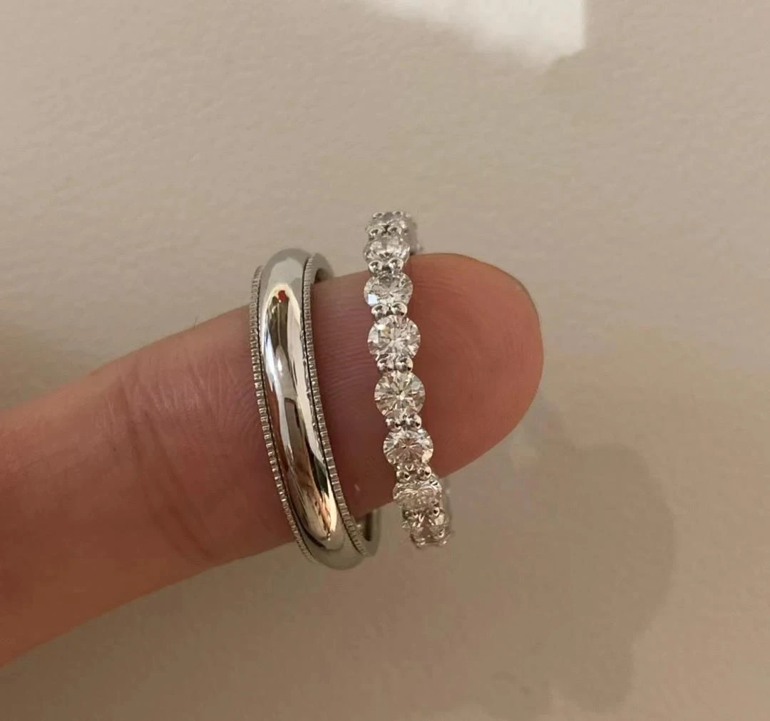 925银合成锆石银制品 925纯银情侣求婚叠戴满圈排钻戒指男女指环