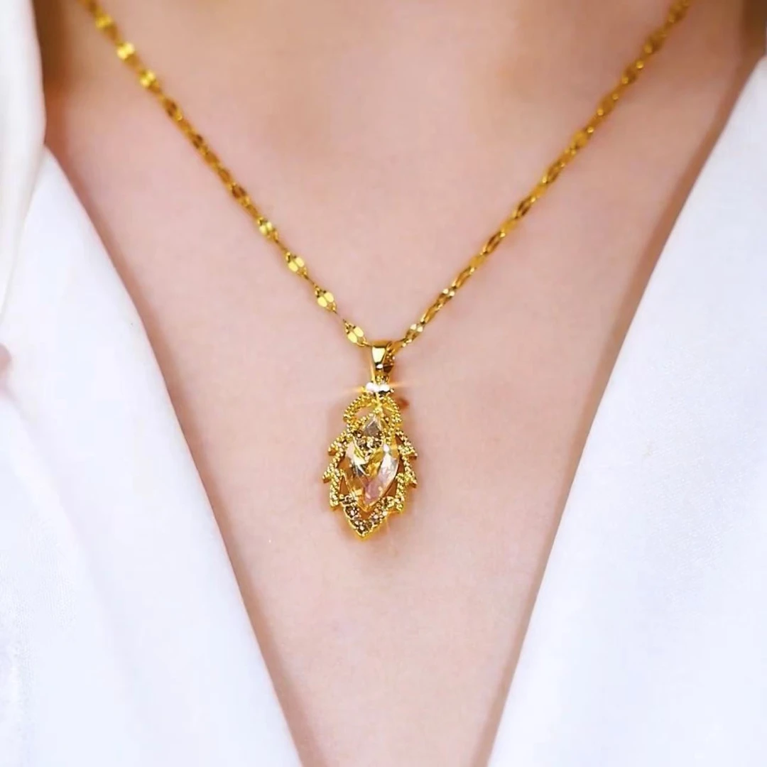 铜合金项链 咖色锆石叶子项链轻奢气质设计感锁骨链时尚精致颈链