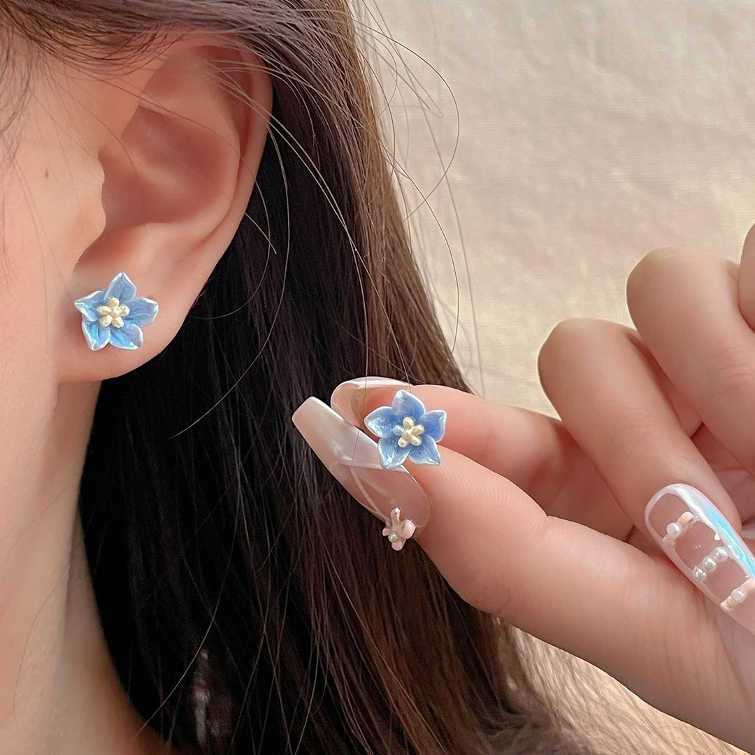 锌合金耳饰 蓝色山茶花2024新款气质小巧甜美精致花朵小清新耳饰