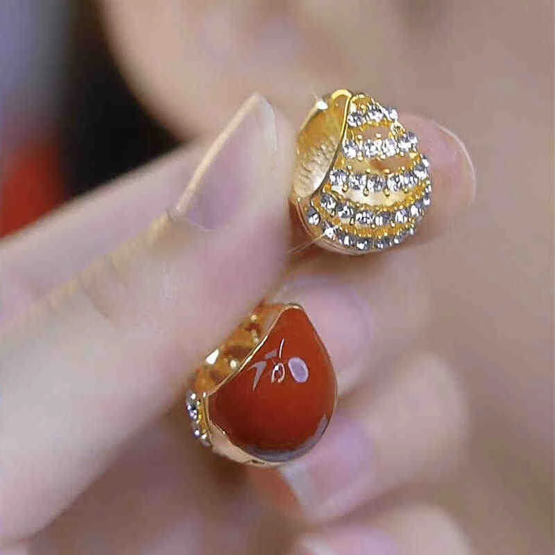 铜合金耳饰 B60精致双面锆石耳环时尚复古红色耳扣百搭时尚耳钉女