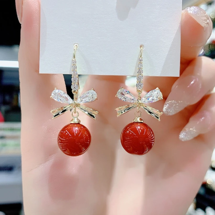 锌合金耳饰 酒红色蝴蝶结珠珠耳环女轻奢高级感秋冬小众过年耳饰