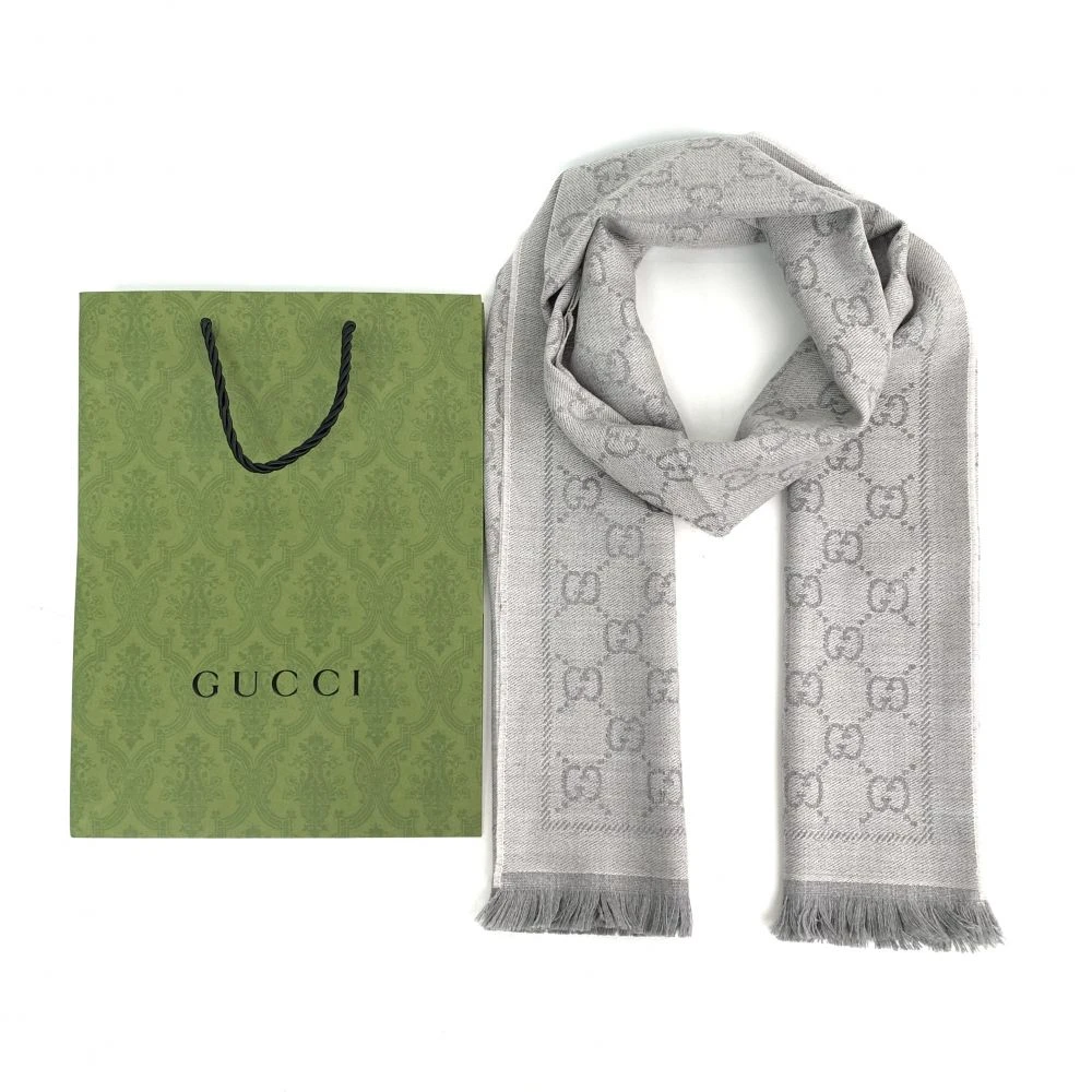 全新未使用 GUCCI/古驰 双面灰色羊毛秋冬长款纯色围巾 意大利制