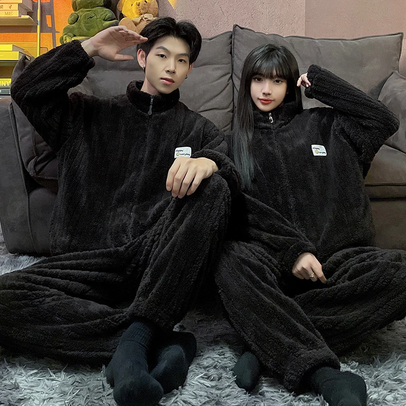 情侣睡衣珊瑚绒秋冬款女士加绒加厚法兰绒男士拉链家居服两件套装