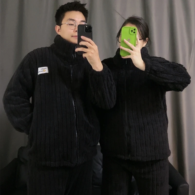 情侣睡衣女珊瑚绒冬季加绒加厚法兰绒睡衣男士简约拉链家居服套装