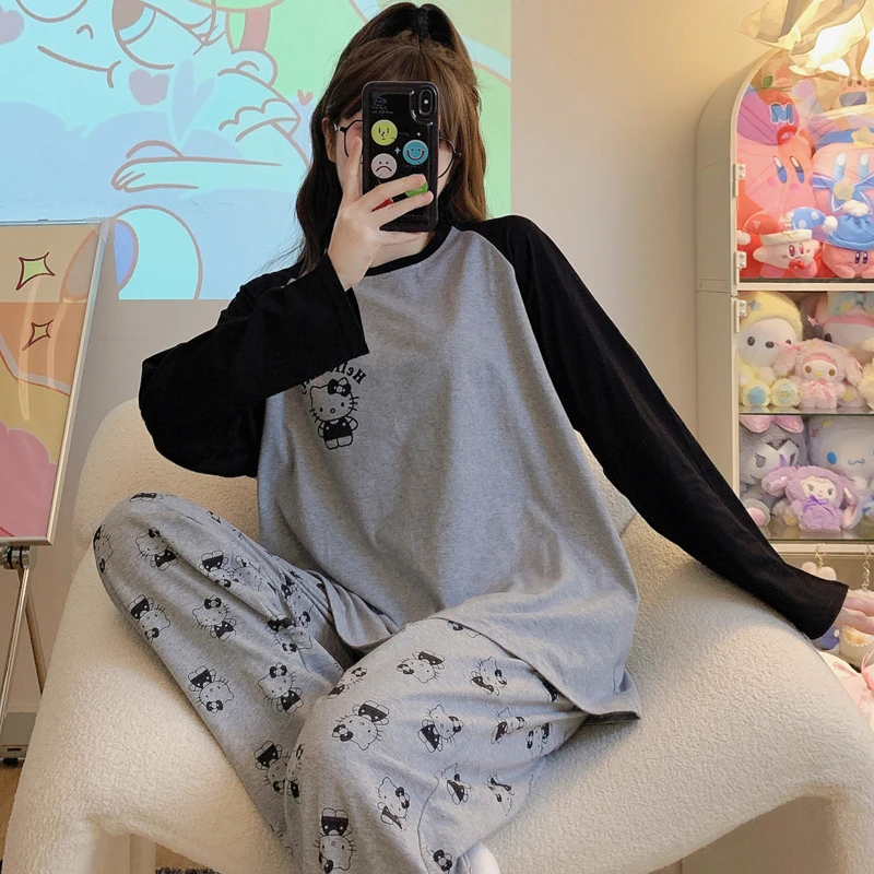 100%纯棉新款春秋夏季日系睡衣女KT猫高级感学生可外穿套装家居服