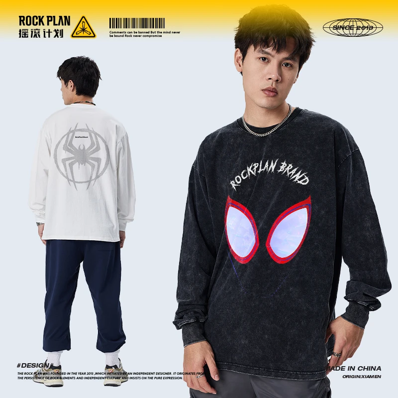 【蜘蛛侠面具】摇滚计划美式返潮复古做旧嘻哈男女同款圆领纯棉长袖