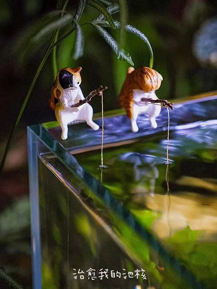 小猫钓鱼鱼缸猫咪造景摆件 悬挂创意迷你可爱钓鱼桌面装饰微景观