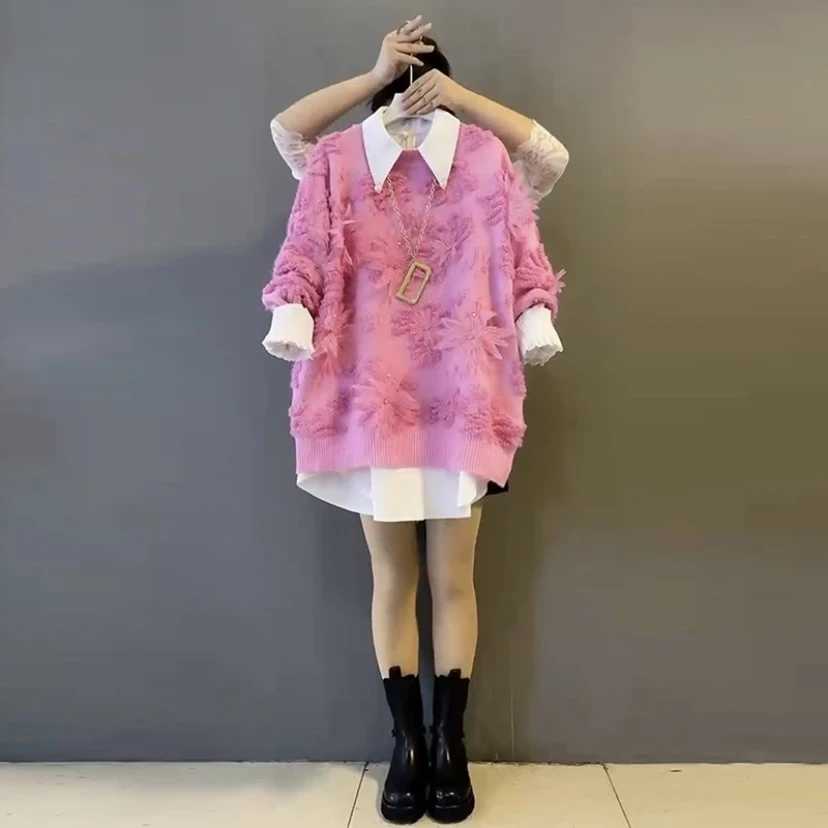 大码女秋冬新款宽松显瘦遮肉外穿毛衣200斤胖妹妹洋气针织衫衬衫