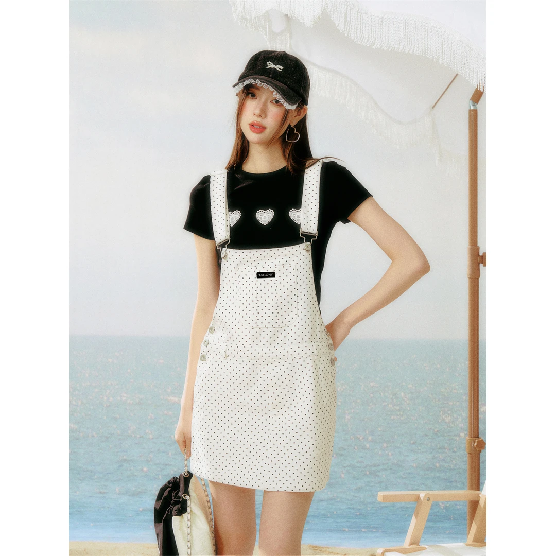 4251 AsGony休闲百搭波点减龄宽松牛仔A字背带裙