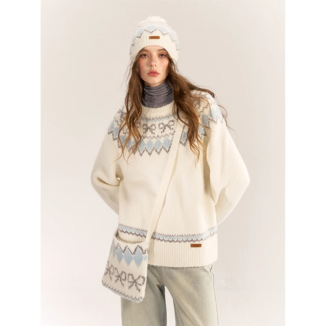 AsGony 学院风美拉德费尔岛圆领宽松羊毛混纺毛衣