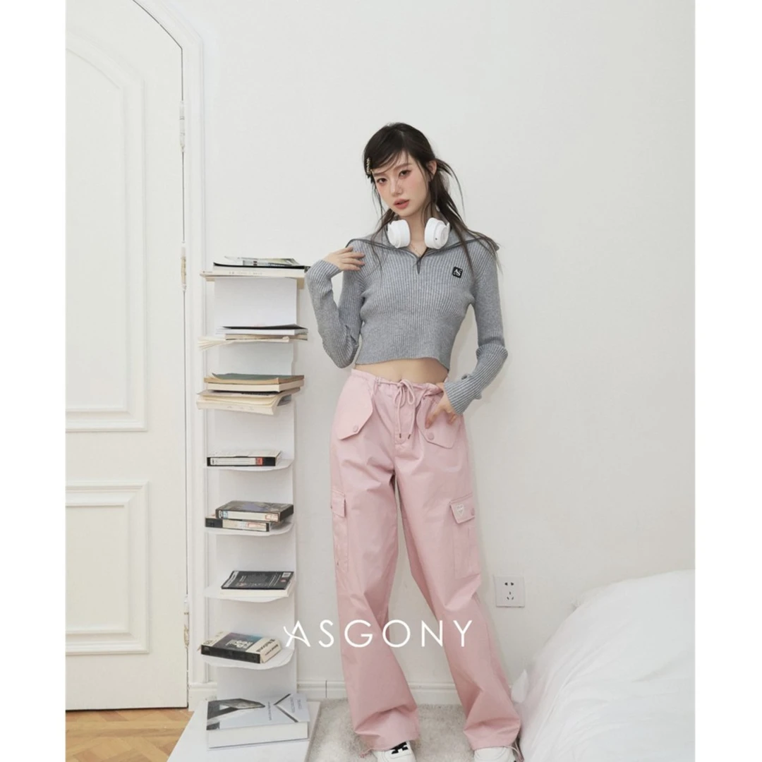 AsGony 甜酷风设计感高腰百搭直筒休闲裤子