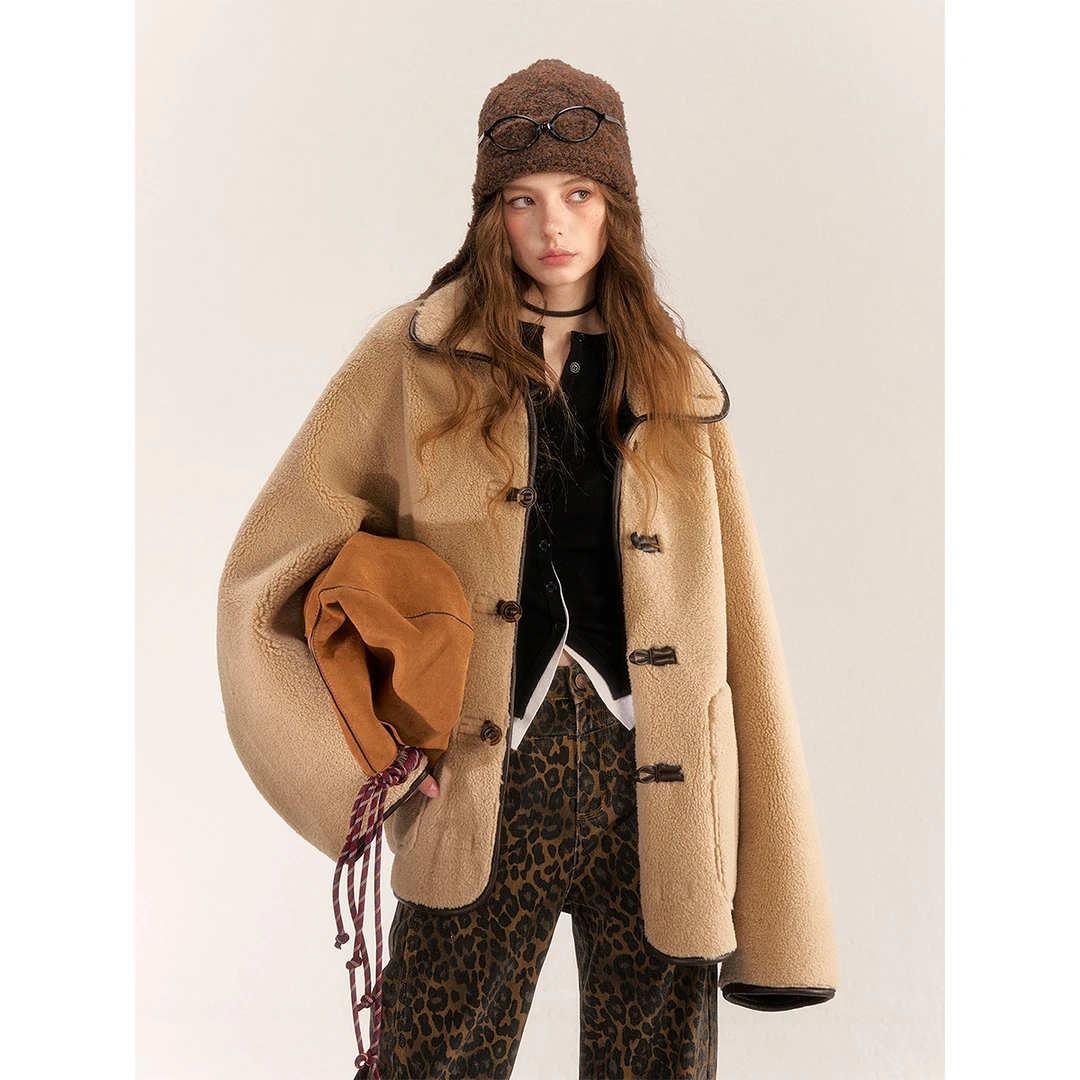 AsGony 两面穿皮毛一体外套女秋冬美拉德复古百搭毛呢大衣