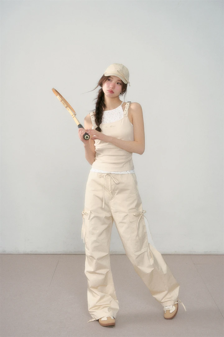 4112 AsGony薄款工装裤女2024春夏新款小个子宽松直筒阔阔腿裤子