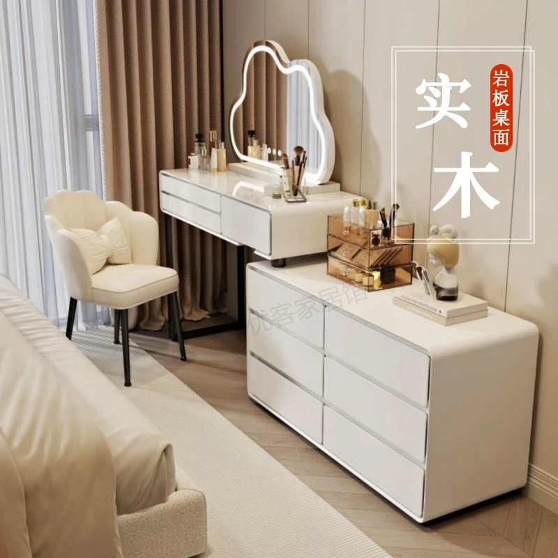 轻奢实木梳妆台高级感卧室岩板化妆台家用带化妆镜斗柜一体化妆桌
