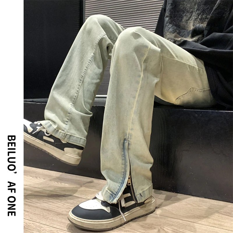美式高街vibe牛仔裤男款拉链开叉喇叭裤宽松休闲百搭水洗直筒裤子