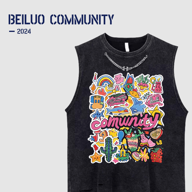 q.c.l 坎肩复古水洗做旧项链背心男女夏季美式高街短袖运动宽松无袖t恤