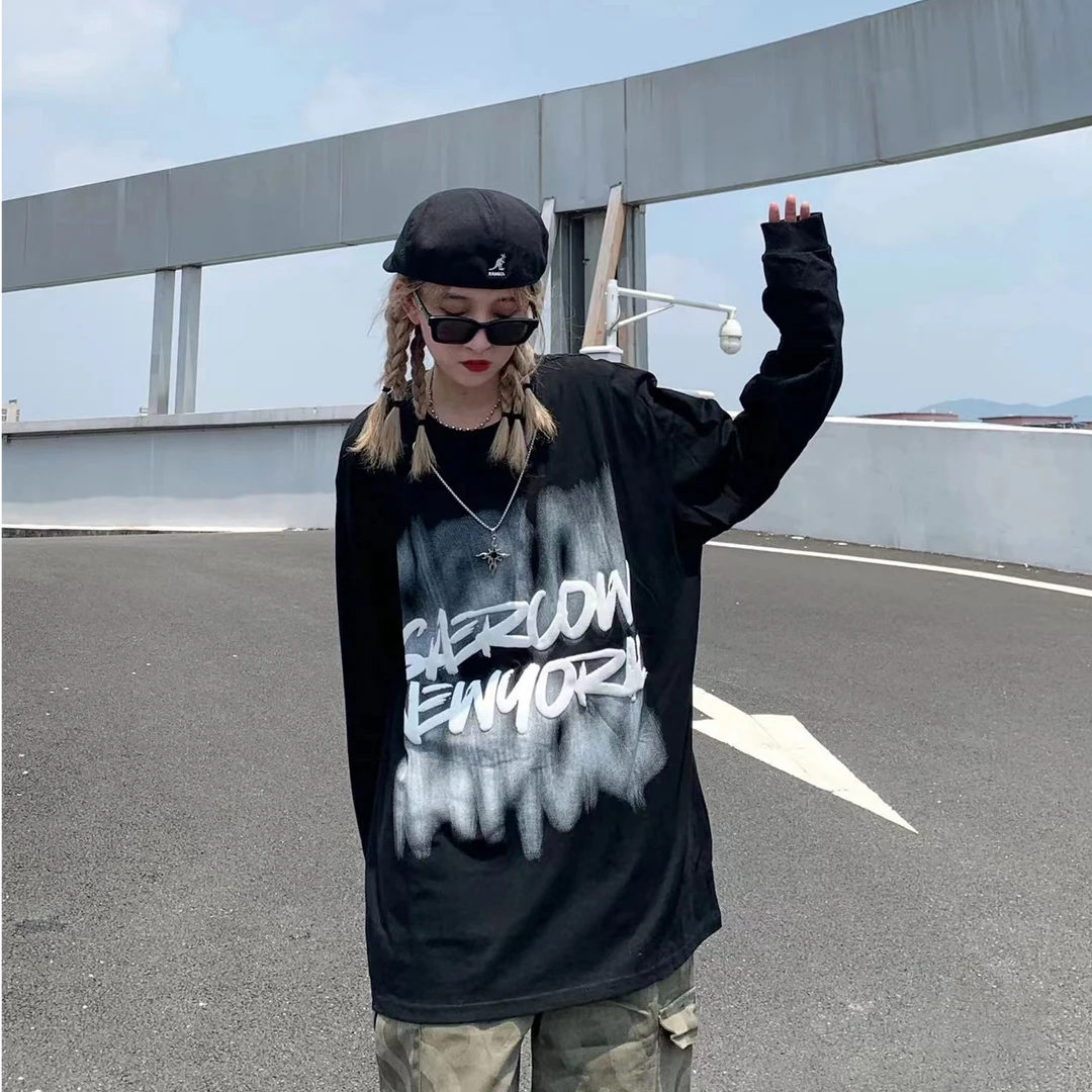 暗黑系潮牌链条发泡字母嘻哈卫衣男女款美式高街嘻哈街头长袖T恤