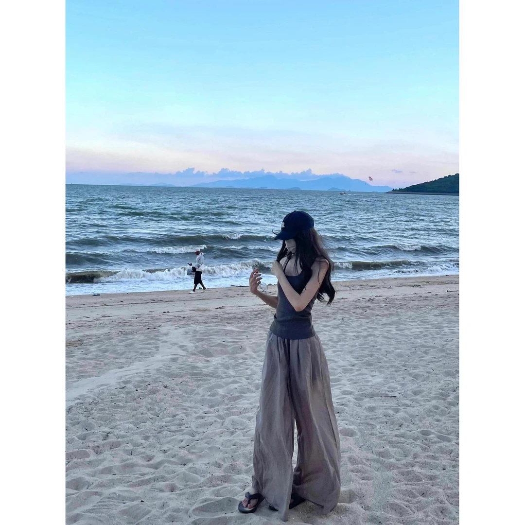 夏日挂脖吊带百搭修身显瘦背心飘飘慵懒宽松休闲拖地阔腿裤-2454