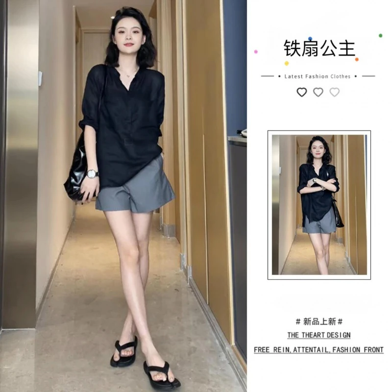 女装夏装轻奢高端洋气上档次黑色显瘦防晒衬衫小个子穿搭套-2330