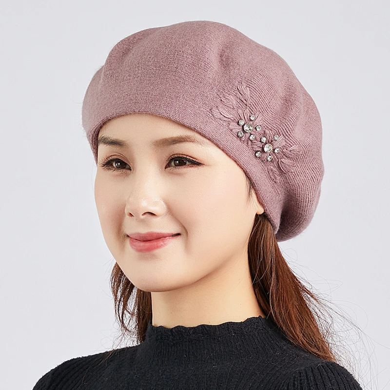 秋冬季中年时尚百搭妈妈兔毛保暖毛线帽女中老年人冬天奶奶贝雷帽