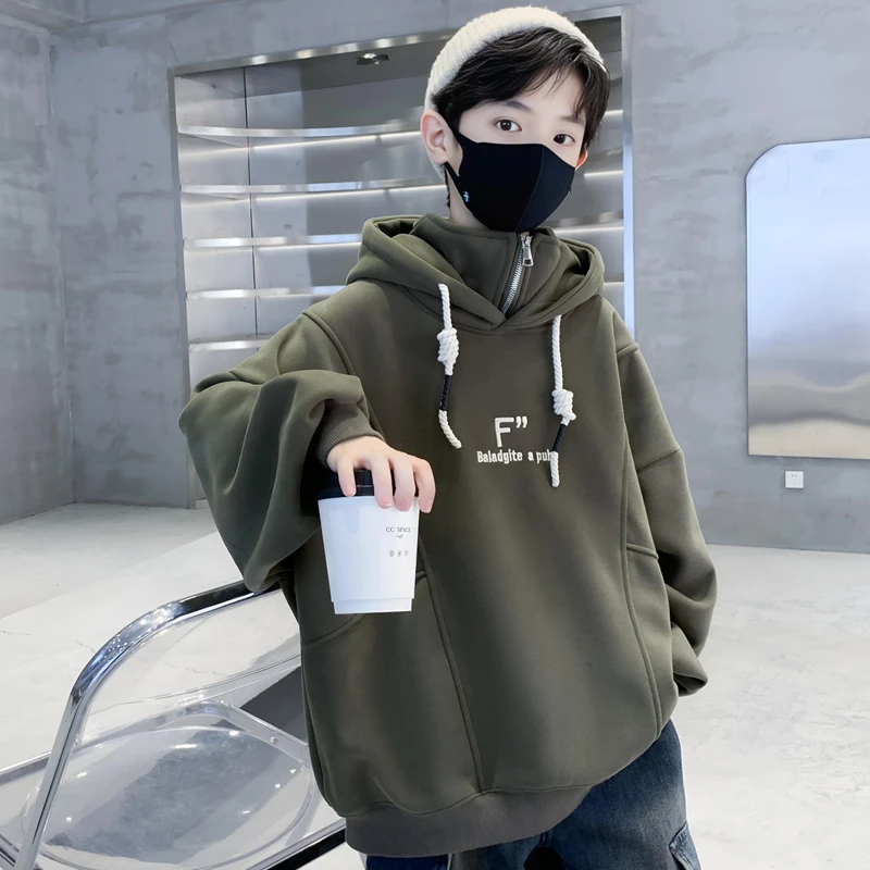 男童连帽卫衣加绒加厚一体绒秋冬款2023新款大儿童装冬季潮牌上衣