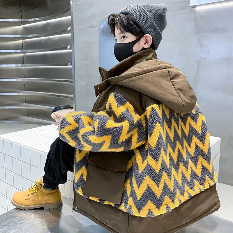 男童冬装韩版连帽毛毛衣拼色2023新款儿童加绒加厚外套冬季时髦潮