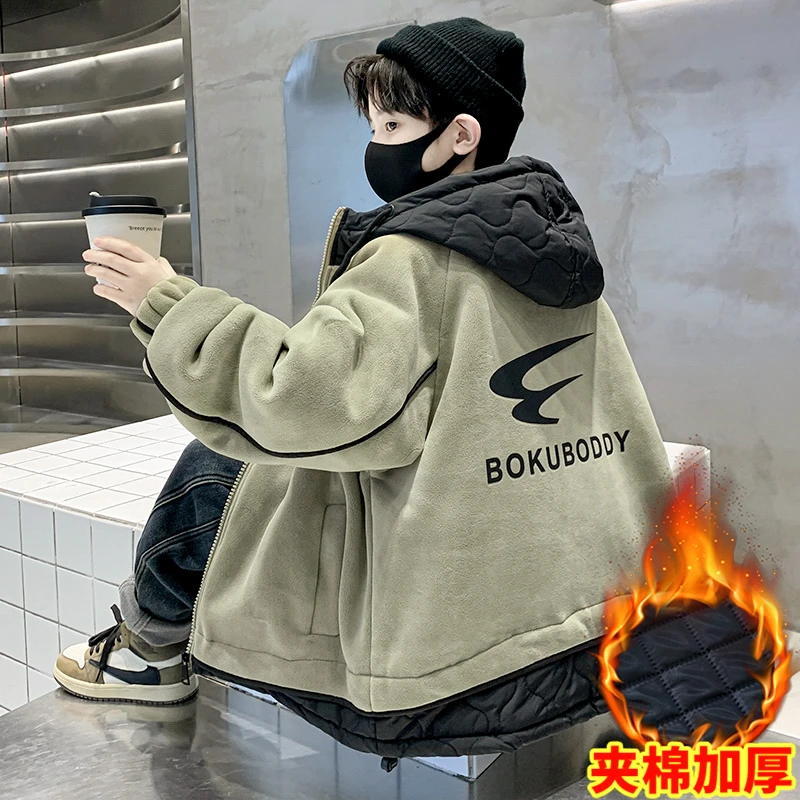 儿童装男童冬装夹棉加厚外套2023新款中大童冬季男孩洋气摇粒绒潮