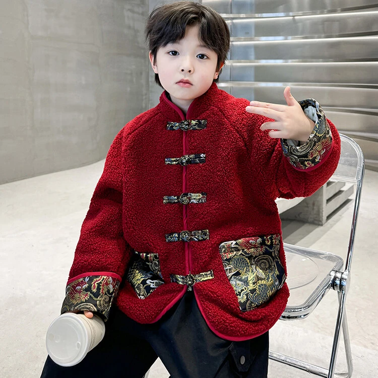 儿童装男童外套时尚加厚冬季2024新款男孩红色龙年本命年衣服汉服