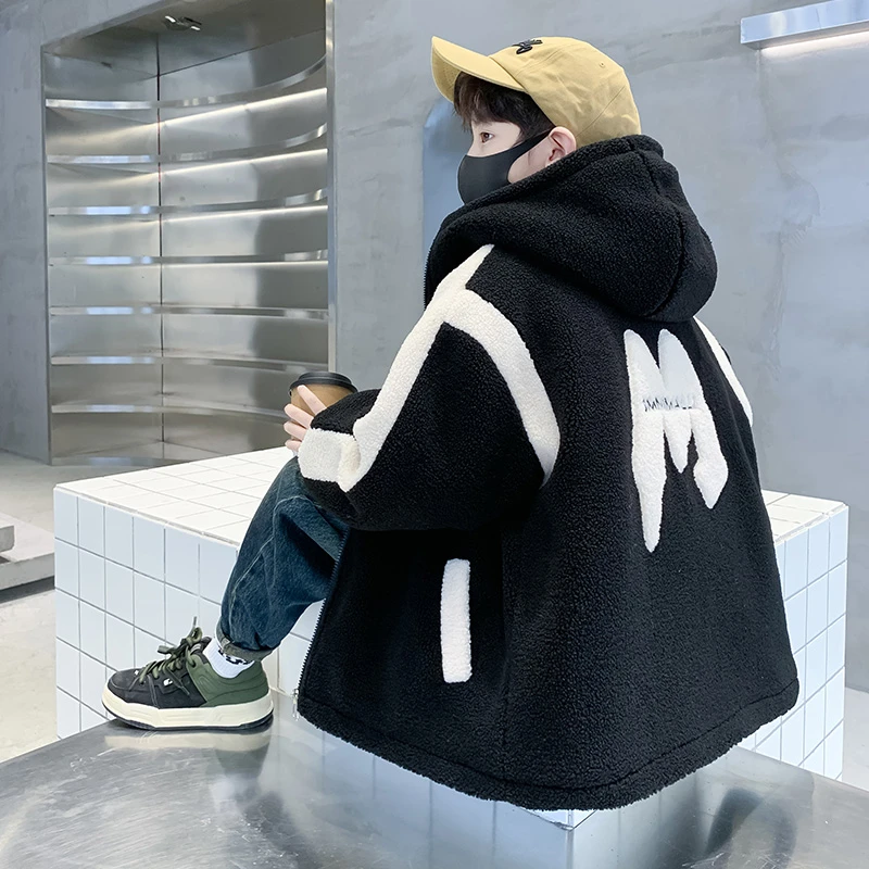 儿童羊羔绒外套男童2023新款秋冬季中大童网红炸街加绒加厚上衣潮