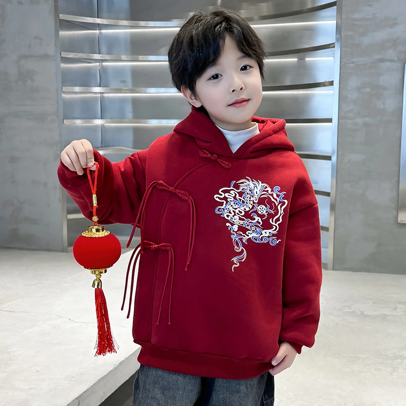 儿童装男童卫衣加绒加厚冬季2024新款男孩红色龙年本命年衣服汉服