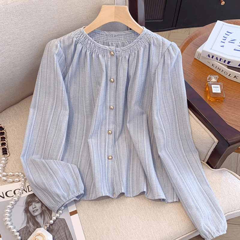 法式复古条纹长袖衬衫女夏季2024早秋百搭单排扣宽松衬衣