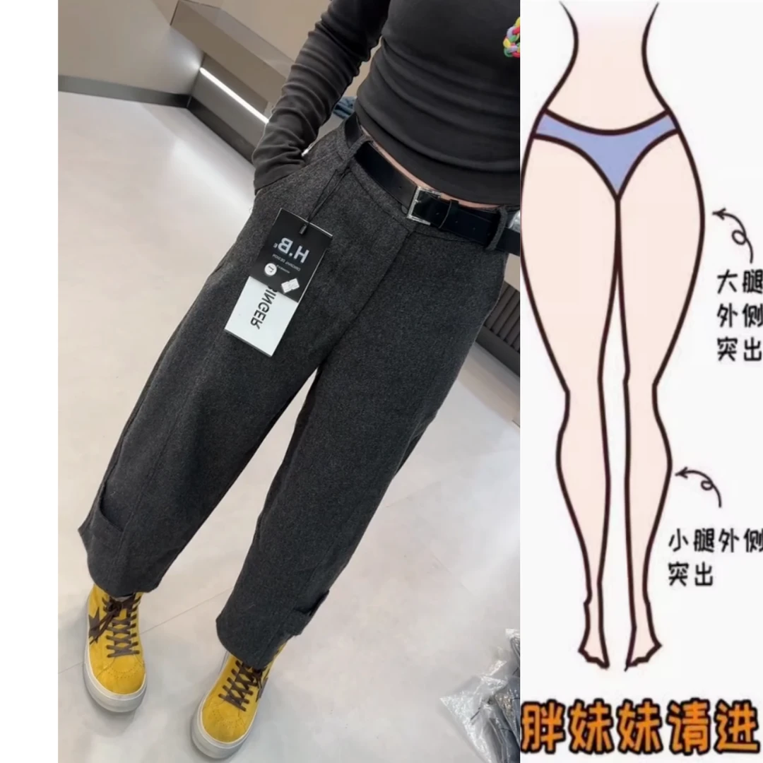 景倩妮灰色韩系百搭休闲毛呢裤2024年厚款梨形高腰显瘦九分哈伦裤