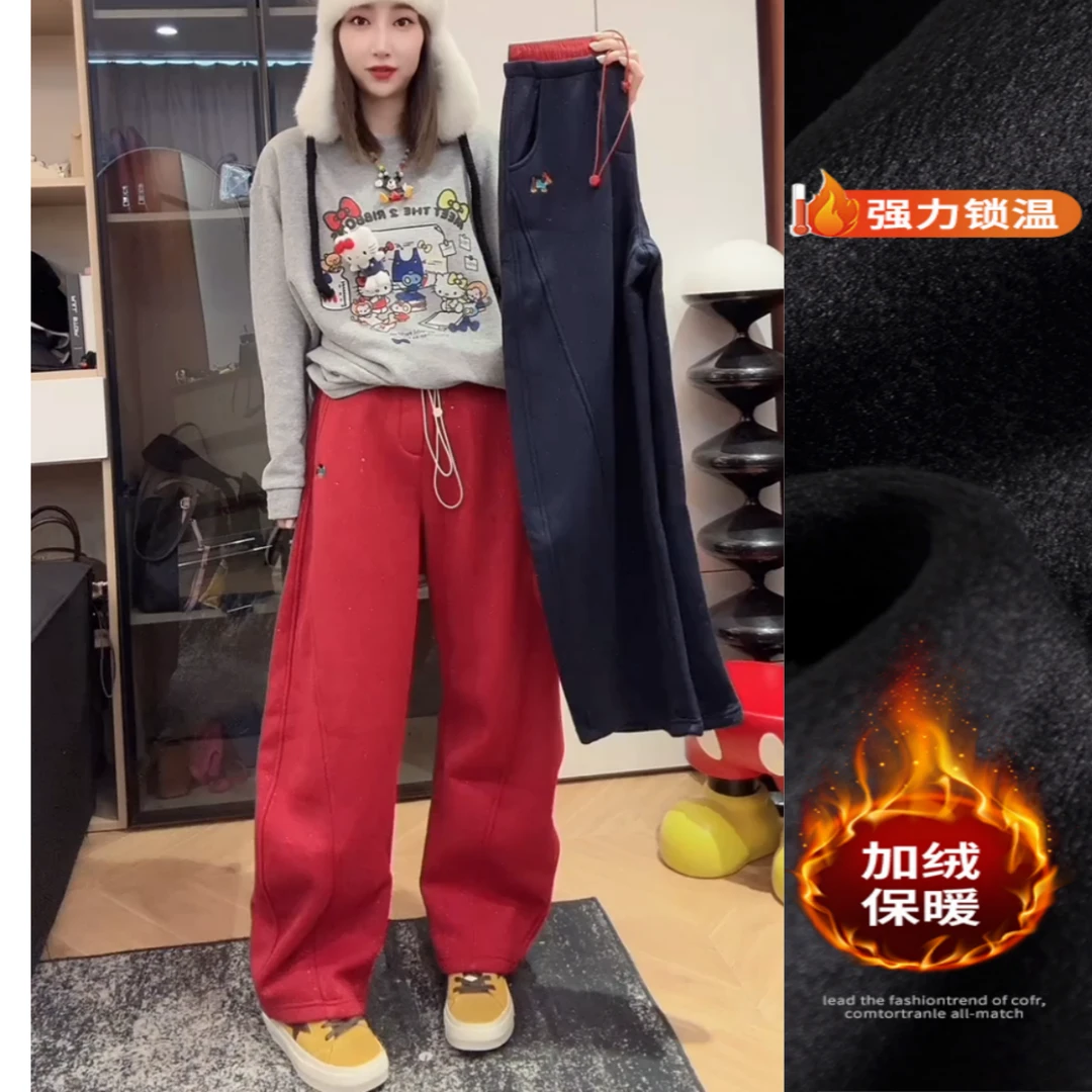 景倩妮韩系拼接腊肠狗刺绣圣诞裤2025春季新款加绒高腰显瘦弯刀裤