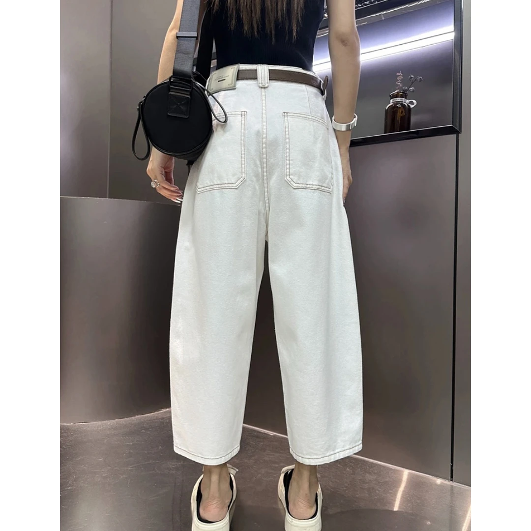 白色老爹牛仔裤女夏季2025新款萝卜裤大码薄款显瘦阔腿裤