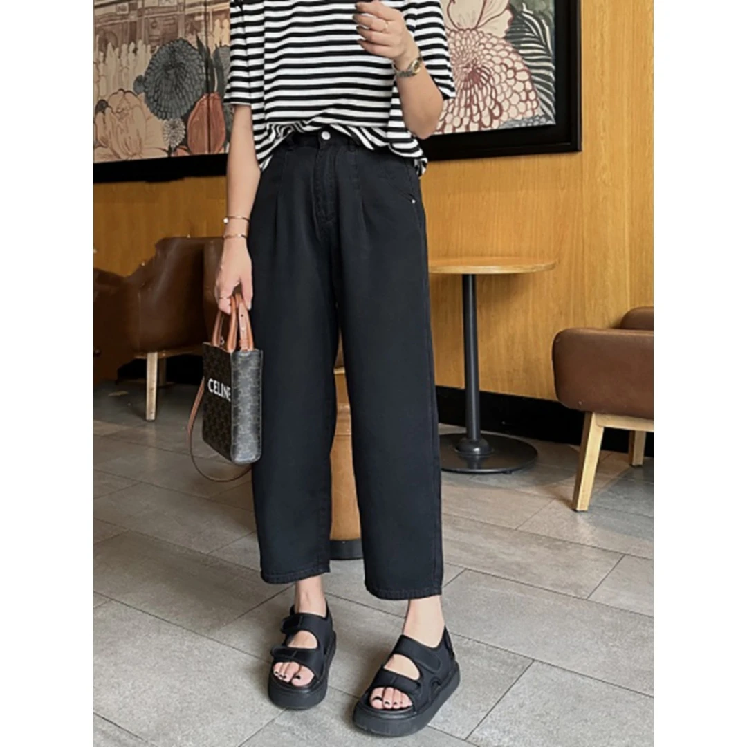 梨型身材天丝哈伦牛仔裤女夏薄款大码高腰遮胯垂感九分冰丝阔腿裤