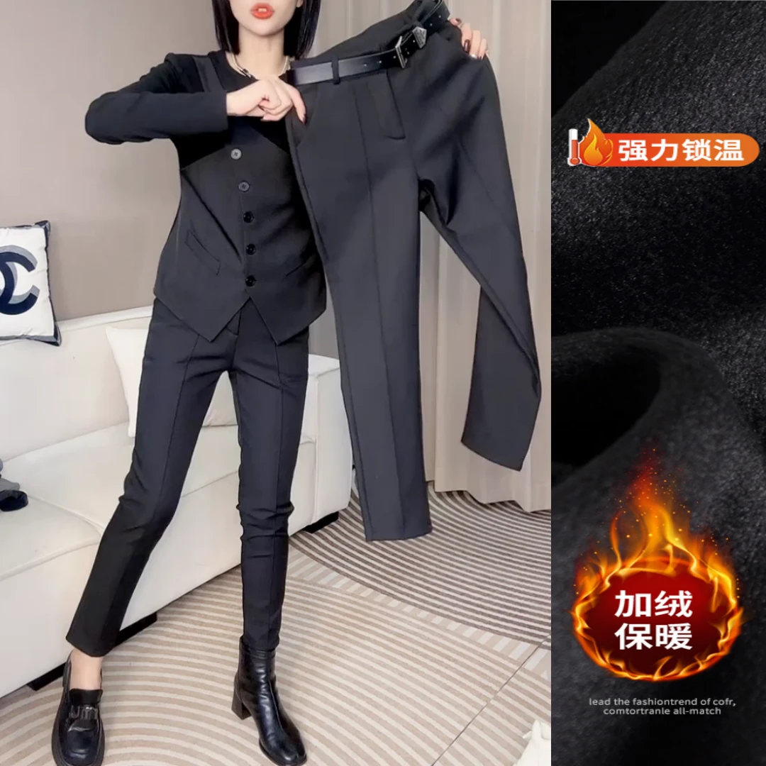 景倩妮黑色西装休闲修身裤2024年秋冬新款加绒高腰显瘦九分烟管裤