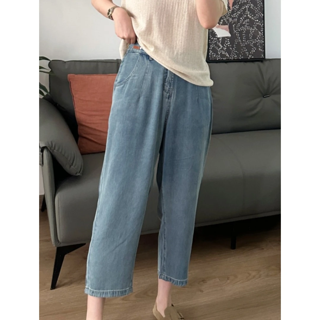 天丝牛仔裤女夏季薄款大码胖mm梨形身材高腰显瘦冰丝哈伦阔腿裤子