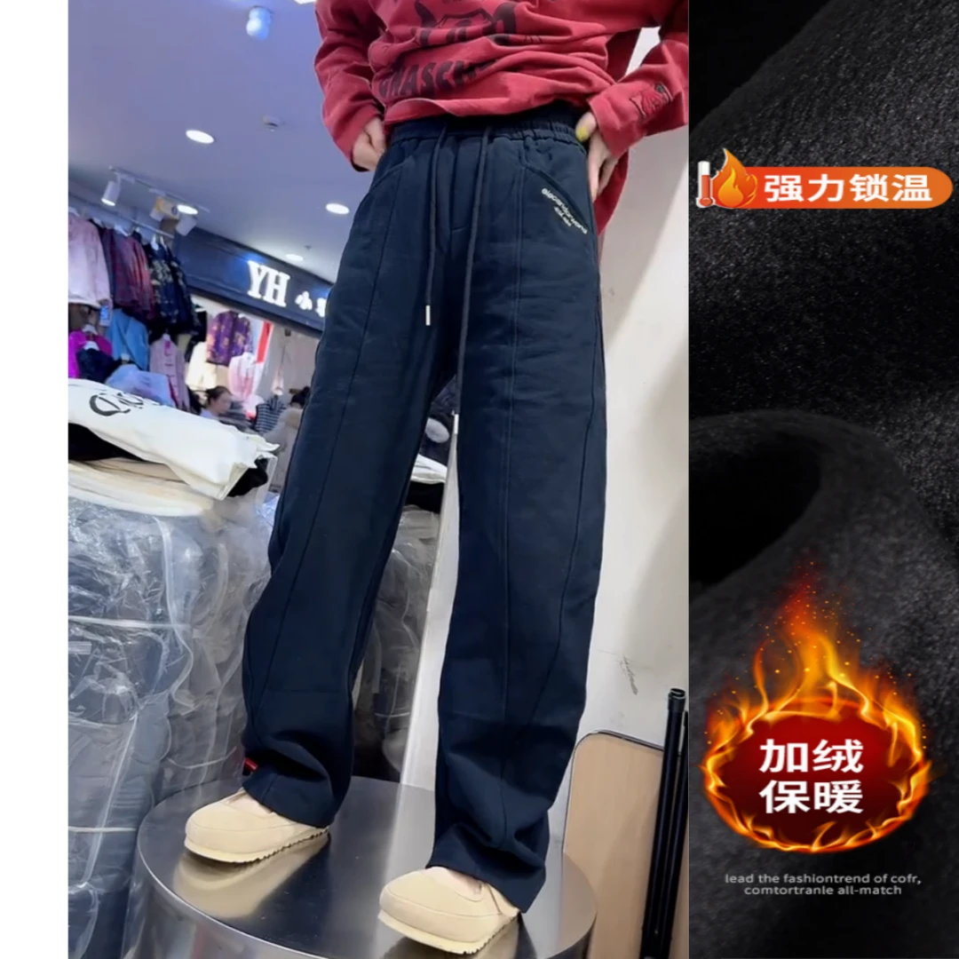 景倩妮今年流行刺绣竖条休闲裤2024年冬季新款加绒高腰显瘦弯刀裤