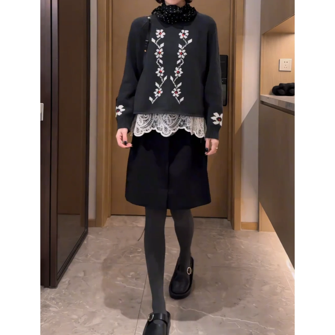 景倩妮黑色百搭休闲短裙女2025年秋厚款高腰显瘦宽松阔腿半身裙