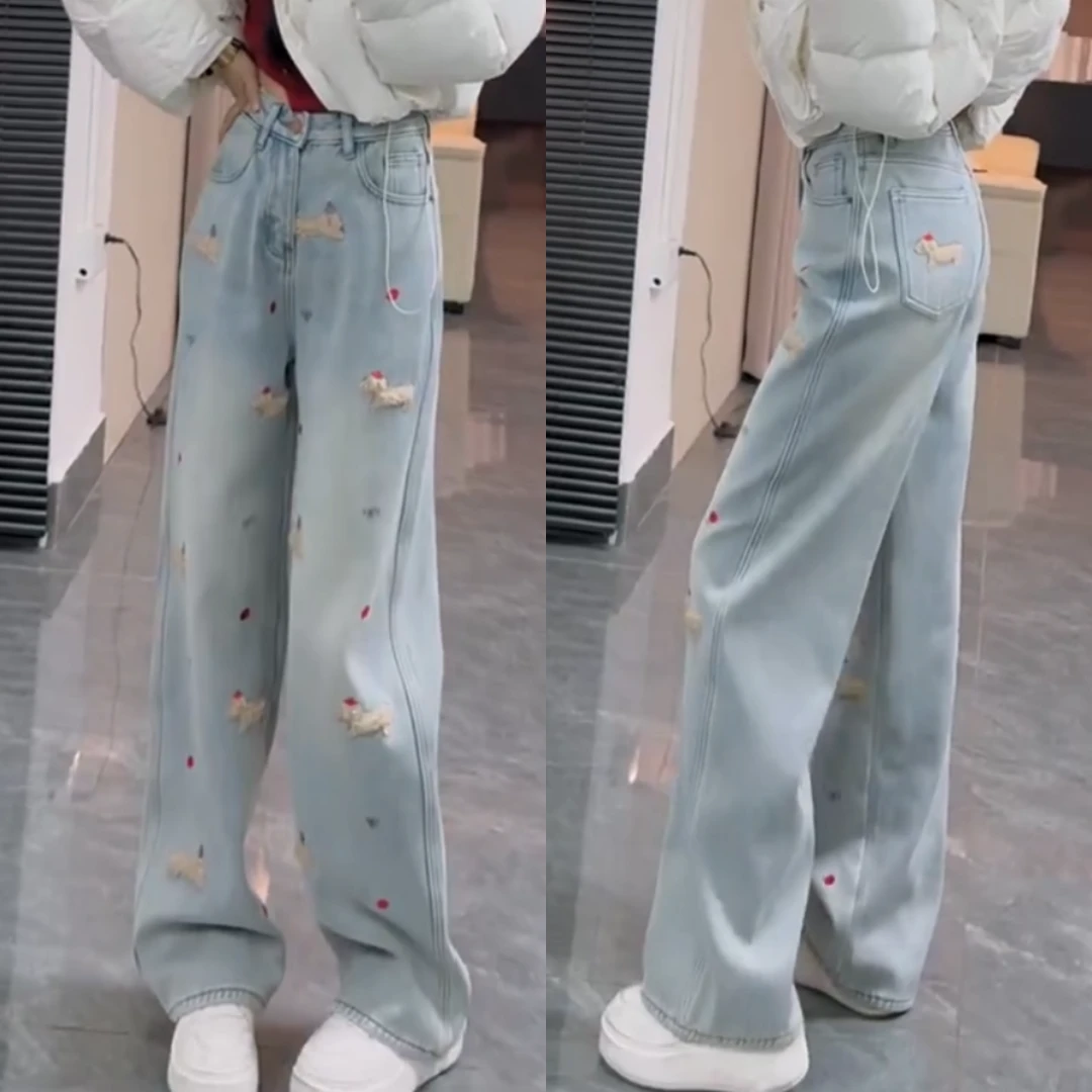 景倩妮蓝色小狗刺绣窄版牛仔裤2025年春季新款加绒高腰显瘦阔腿裤