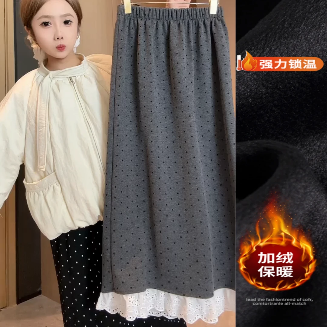 景倩妮韩系波点蕾丝拼接半身裙2024年冬季新款加绒高腰显瘦中长裙