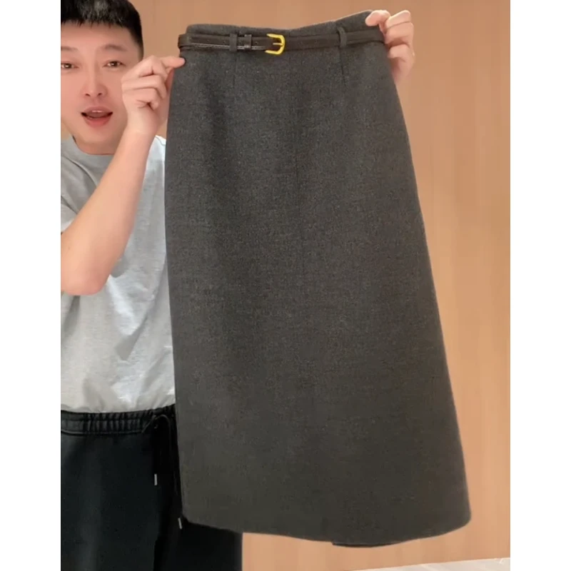 景倩妮今年流行毛呢半身裙女2025年夏春厚款高腰显瘦宽松半身长裙