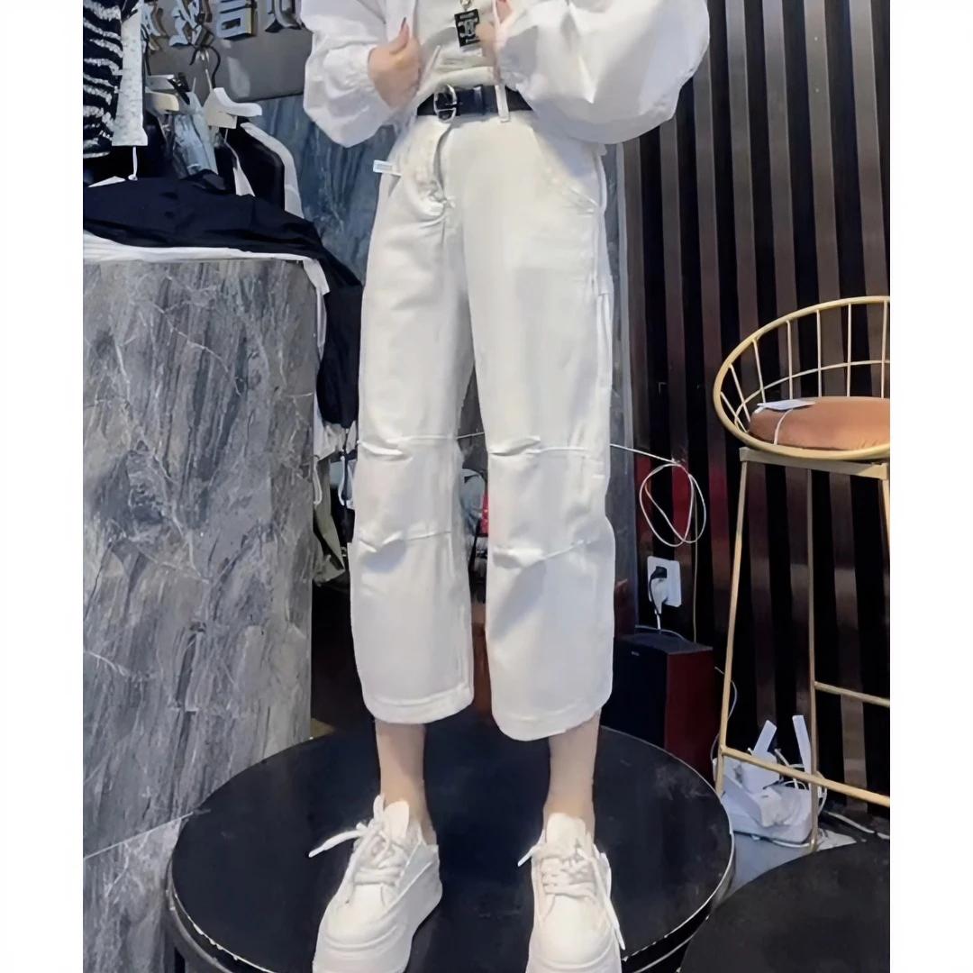 白色弯刀八分牛仔裤子女2025夏季爆款薄款小个子宽松显瘦直筒裤子