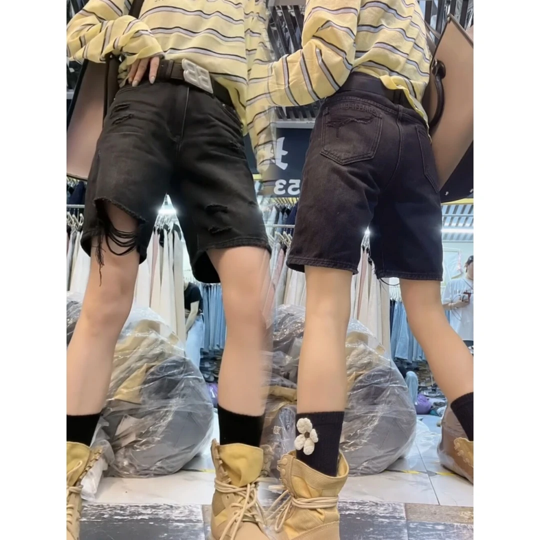 破洞黑色阔腿牛仔五分裤2024年夏季薄款大码梨形高腰宽松显瘦热裤