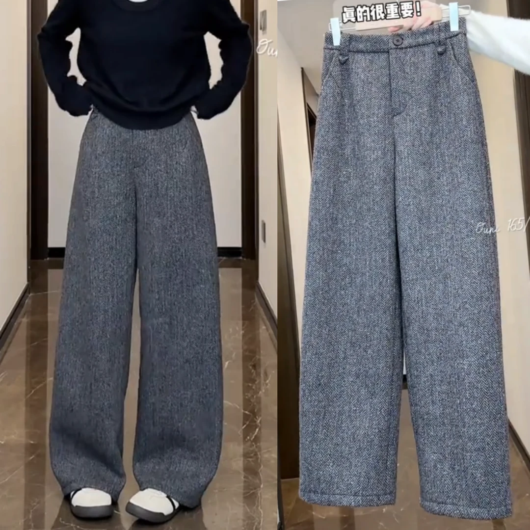 景倩妮灰色韩系高级感毛呢裤女2025年春季新款加绒高腰显瘦弯刀裤