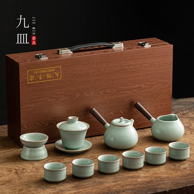 复古天青色汝窑开片双侧把11头盖碗套组9226